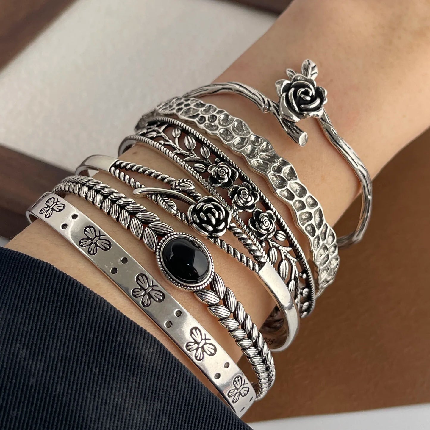 100% Solid 925 Sterling Silver Metal Bracelet for Women Vintage Handmade Simple Retro Flower Chain Bracelet Birthday Gift Party