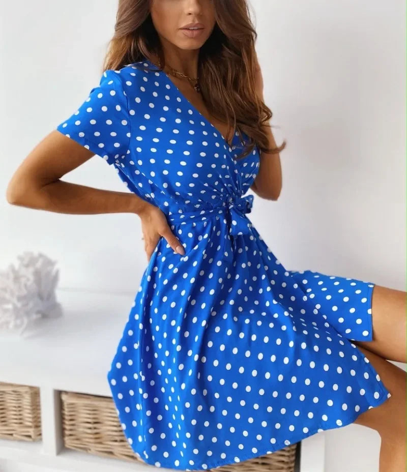 Summer Women's Polka Dot Printed Short Sleeved Casual Dress Fashionable V-neck Belt Commuting Dress Holiday Party Women's Dress