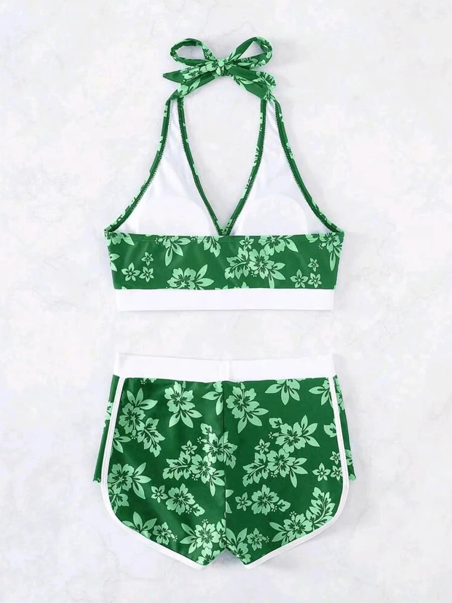 2025 Halter Sporty Bikinis Printed Swimsuit Women High Waist Shorts Swimwear Female Bathers Bathing Swimming Swim Suit Beachwear