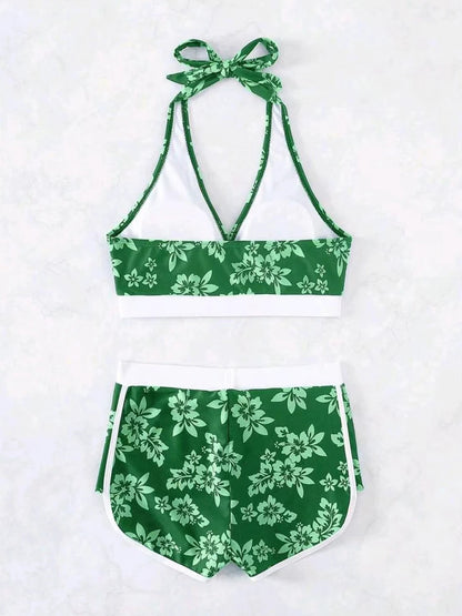 2025 Halter Sporty Bikinis Printed Swimsuit Women High Waist Shorts Swimwear Female Bathers Bathing Swimming Swim Suit Beachwear