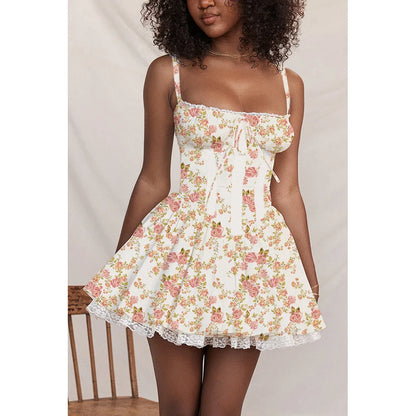 Sexy Lace Floral Corset Short Dress Elegant Women's White Yellow Sundress Female High Waist Mini Sun Dresses Summer 2025 New In
