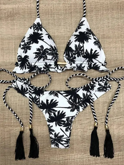 RUOTONSEPT Sexy Black And White Coconut Tree Printed Bikini Sets Women Swimsuit Triangle Halter Swimwear Bathing Suit Brazilian