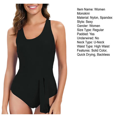 Women Monokini U-Neck Cross-Back Padded One-Piece Swimsuit Lady Solid Color Backless Bathing Suit Sexy Slim Fit Beach Swimwear