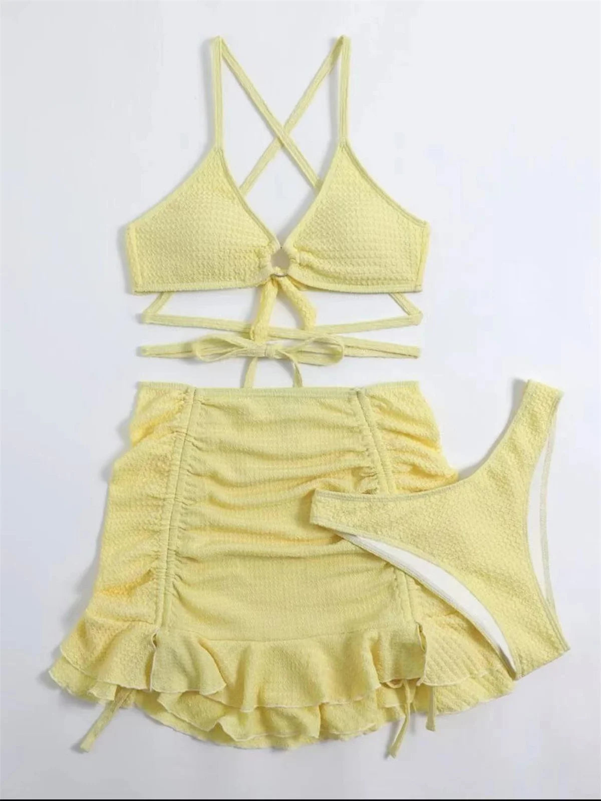 Sexy Yellow Bikini Women Solid Halter Ring Linked Criss Cross Cover Up 3 Piece Swimsuit 2025 Bathing Suit Ruffles Skirt Swimwear