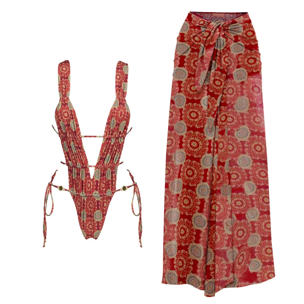 2025 New High Quality Elegant One Piece Swimsuit And Skirt Print Deep-V Lace-up Women Bikini Set Swimwear Party Bathing Suit