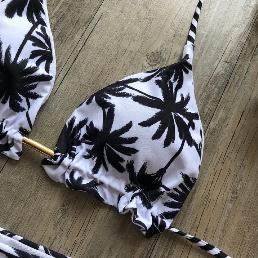 RUOTONSEPT Sexy Black And White Coconut Tree Printed Bikini Sets Women Swimsuit Triangle Halter Swimwear Bathing Suit Brazilian