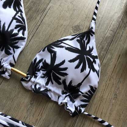 RUOTONSEPT Sexy Black And White Coconut Tree Printed Bikini Sets Women Swimsuit Triangle Halter Swimwear Bathing Suit Brazilian