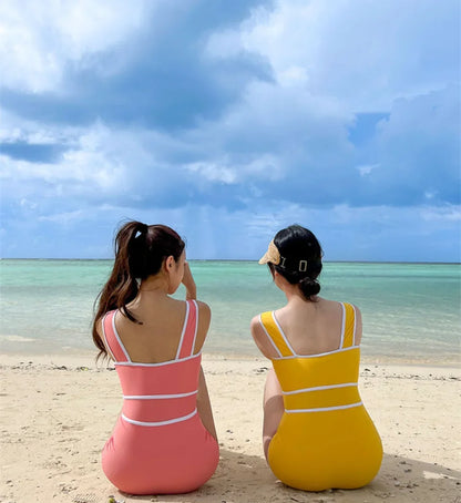 2024 Korean Fashion Swimwear Cute Candy Solid Color Strap High Waist Bandeau Bodysuit Women's Slim Bikini One Piece Swimsuit