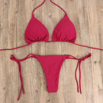 Solid Color Tie-Side G-String Bikini Set Breathtaking Bathing Suit with Feminine Bandage Design Sexy Brazilian Bikini Beachwear