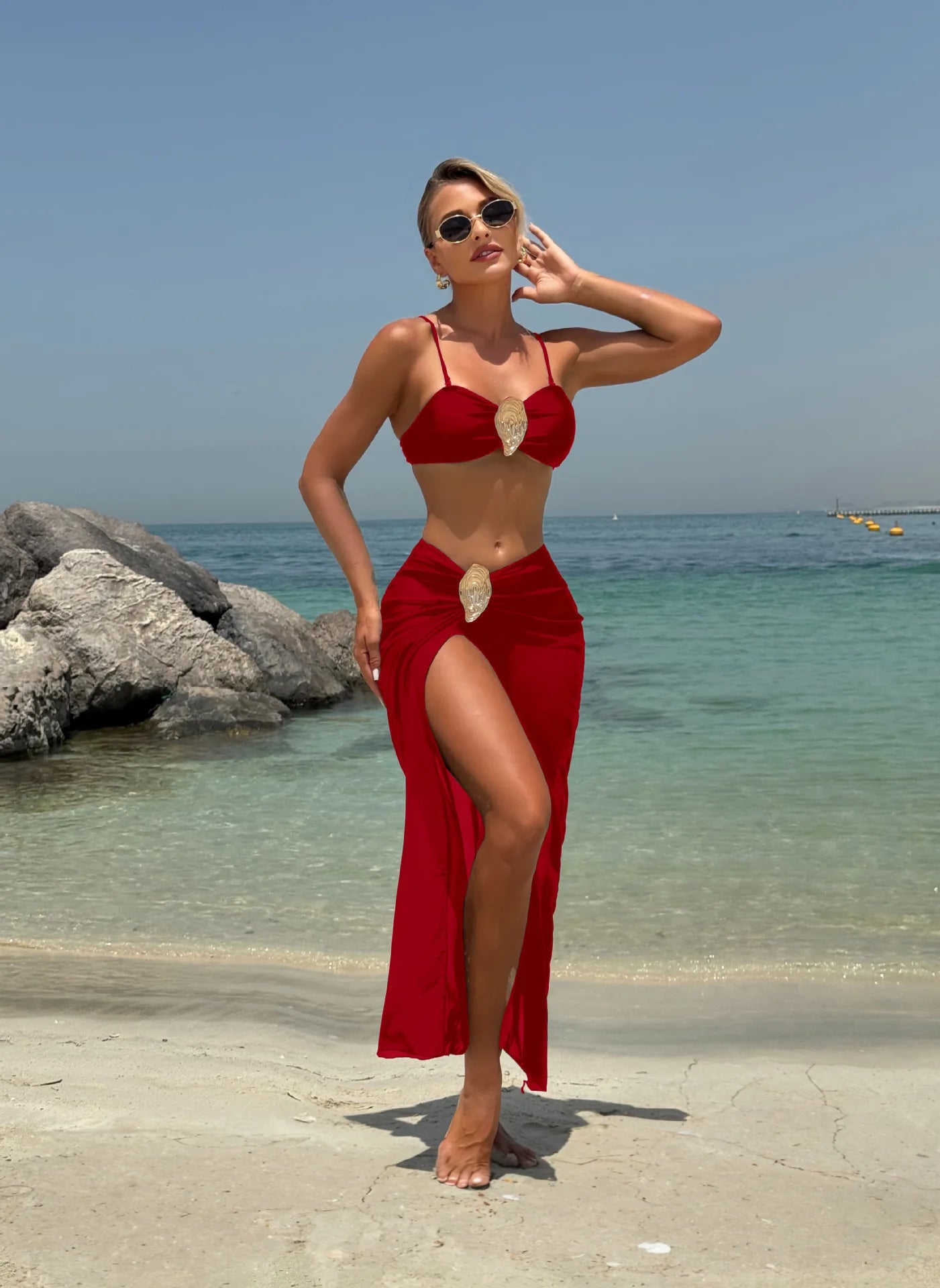 Vintage White Swimsuit Women Metal Oyster Buckle Push Up Mesh Long Skirt 3 Piece Bikini Set 2025 Holiday Bathing Suit Swimwear