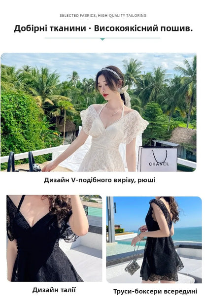 Ele Lace One-Piece Swimsuit Women's High Waist Brief Svel Slimming Thermal Bathing Suit Casual  Color Swimwear