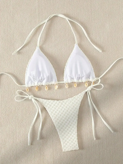 Sexy Bikini Set Shell Designer Swimsuit 2025 White Black Push Up Micro Bikinis Summer Bathing Suit Tie Side Triangle Swimwear