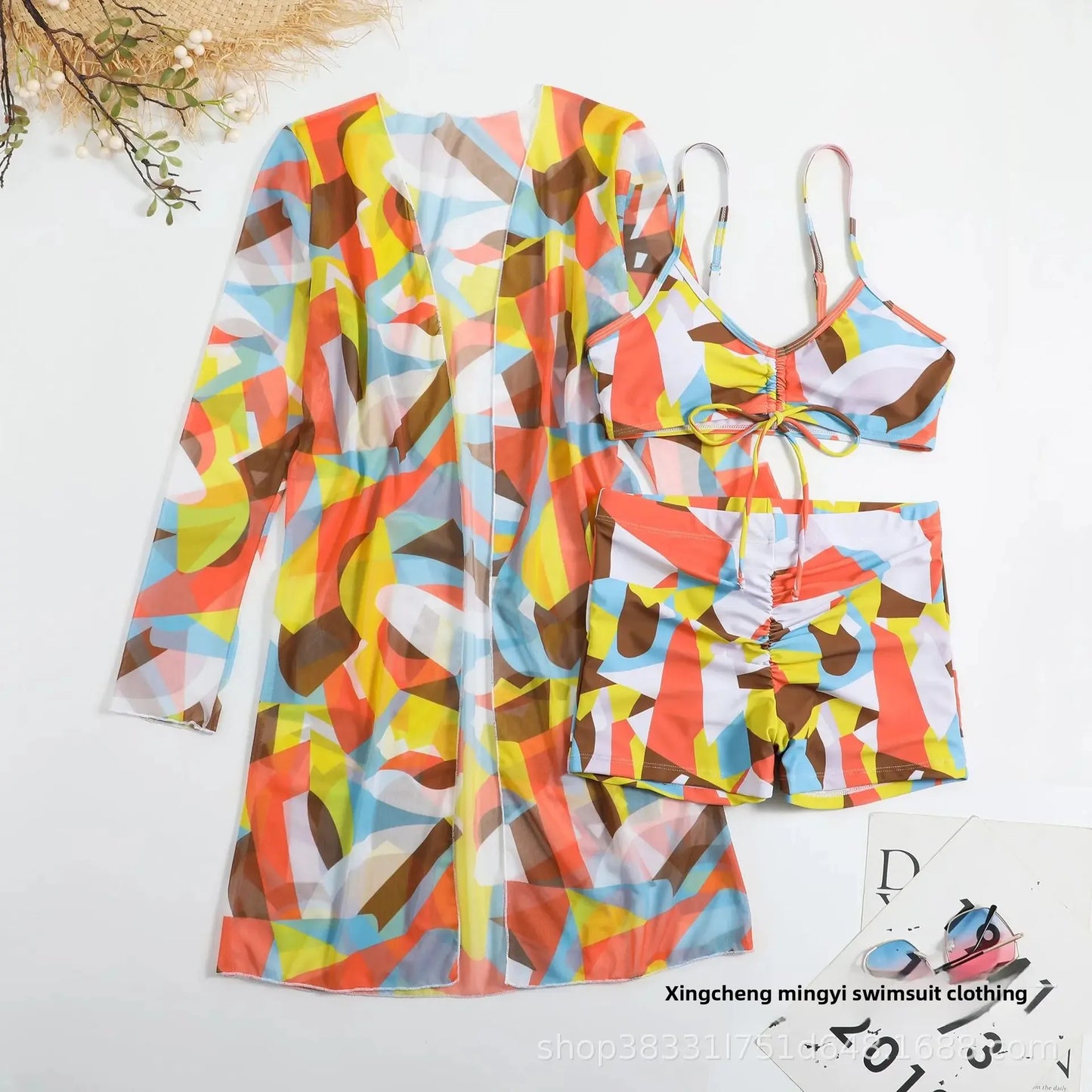 Mingyi New Multi-Color Mesh Cover up Sexy Leg Lengthening Swimsuit Top Bottoms Three-Piece Set Women's Swimwear