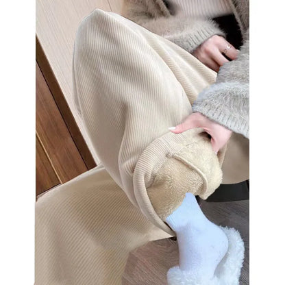 High Waist Wide Leg Pants Women's Autumn Winter Flannel Fce Lined Straight Cut Trousers Casual High Waist Pants