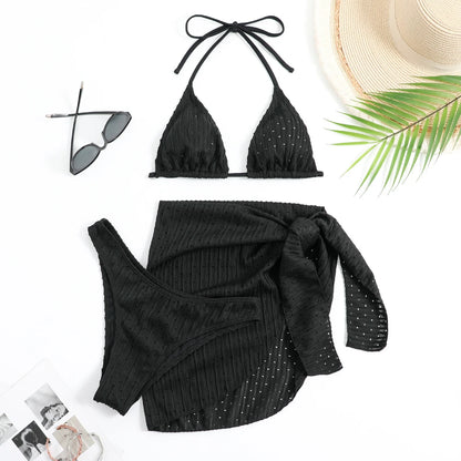 2025 Summer Halter Bikini 3 Pieces Women Special Material Sexy Thong Swimwear With Sarong Skirt White/Black/Pink/Green Beachwear