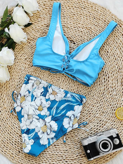 Floral Print V Neck Bikini Sets, Tie Back Tie Side Cut Out High Waist High Cut Two Pieces Swimsuit, Women's Swimwear & Clothing