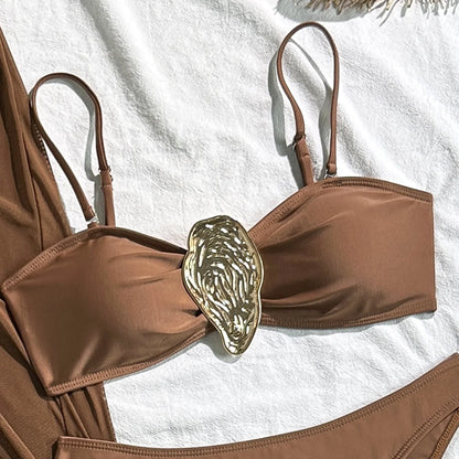 Vintage White Swimsuit Women Metal Oyster Buckle Push Up Mesh Long Skirt 3 Piece Bikini Set 2025 Holiday Bathing Suit Swimwear