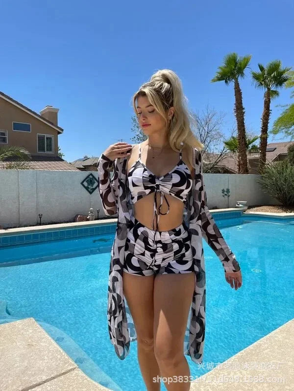 Mingyi New Multi-Color Mesh Cover up Sexy Leg Lengthening Swimsuit Top Bottoms Three-Piece Set Women's Swimwear