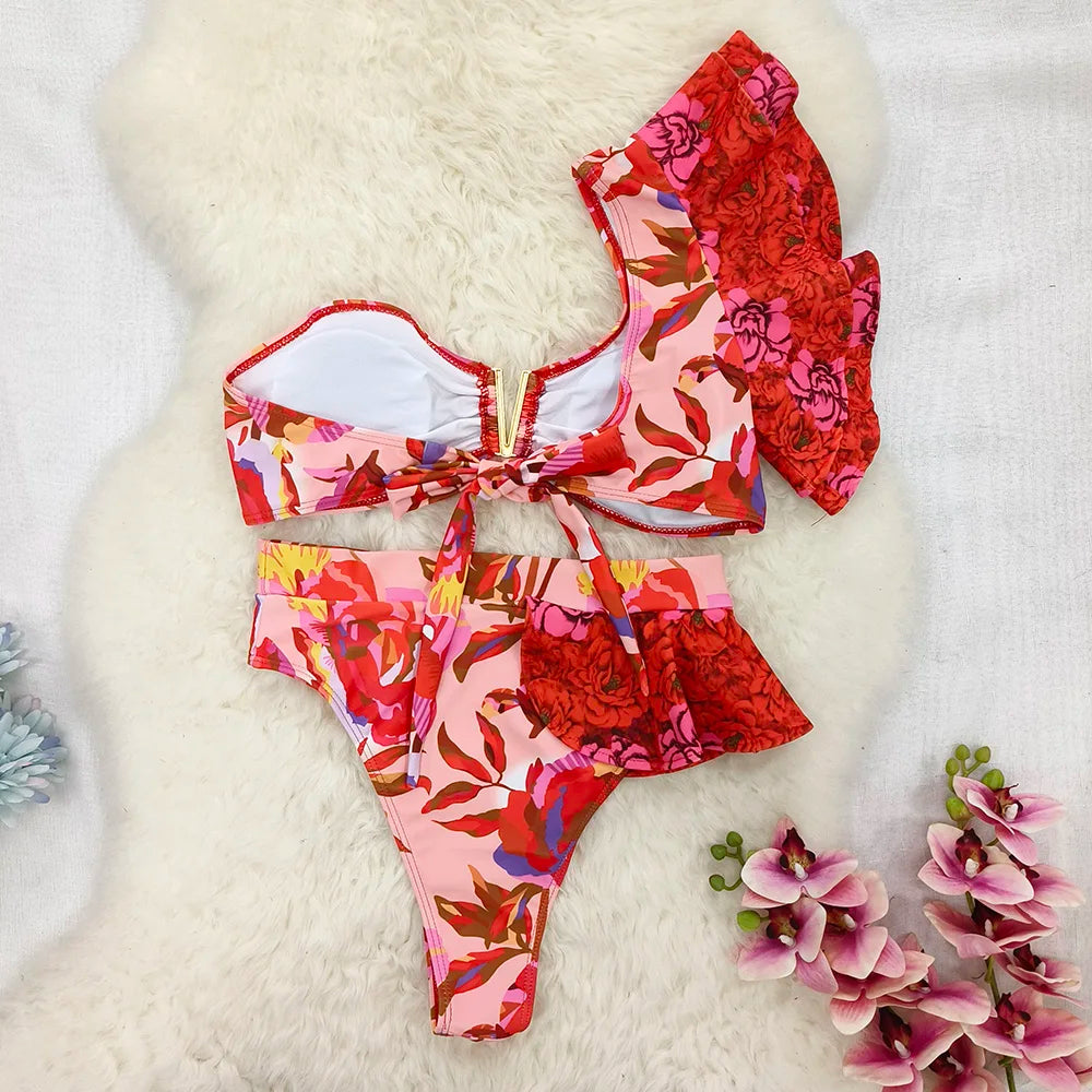 2025 Print Bikini Women Swimwear Push Up Swimsuit High Waist Biquini Halter Backless Bathing Suit Ruffle Beach Wear Summer