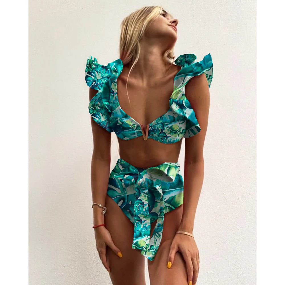 2025 Print Bikini Women Swimwear Push Up Swimsuit High Waist Biquini Halter Backless Bathing Suit Ruffle Beach Wear Summer