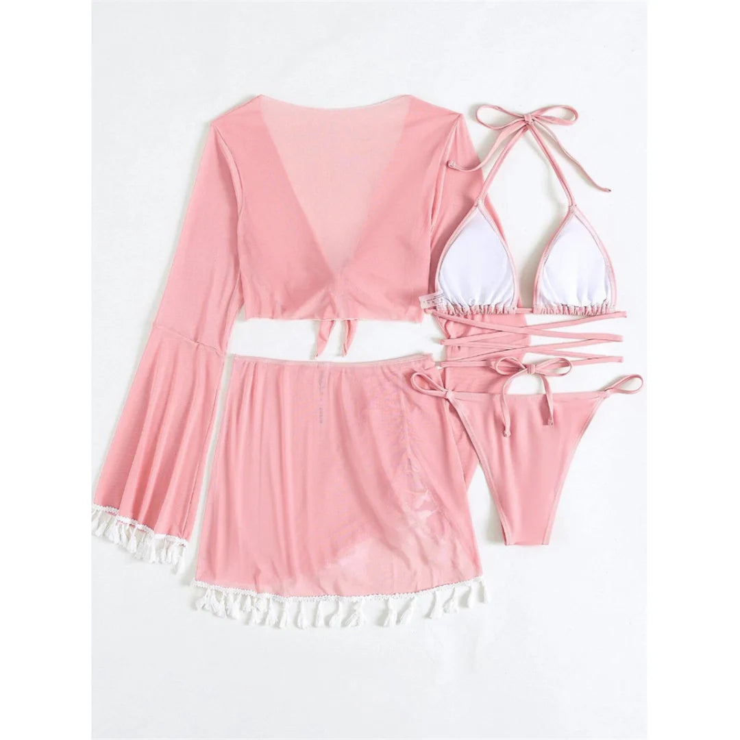 S - XL With Tassel Skirt Long Sleeve Bikini Women Swimwear Female Swimsuit Four-pieces Bikini set Bather Bathing Suit Swim V7060