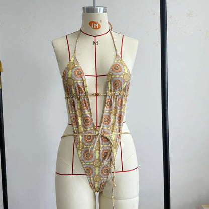 2025 New High Quality Elegant One Piece Swimsuit And Skirt Print Deep-V Lace-up Women Bikini Set Swimwear Party Bathing Suit