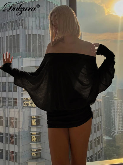 Dulzura Off Shoulder Long Sleeves Ruched Patchwork Mini Dress Women’S Sexy Elegant Casual Outfit Party Clubwear Spring Summer