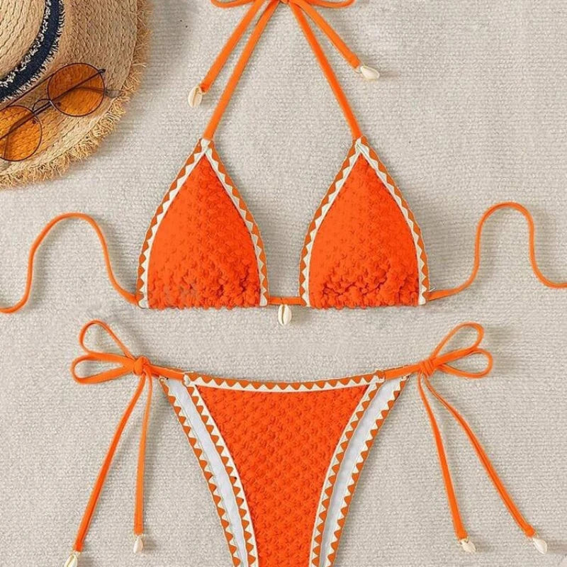 Sexy Halter Wrinkled Weave Bikini Set Shell Designer Swimsuit Women Push Up Micro Bikinis Summer Bathing Suit Swim Beach Wear