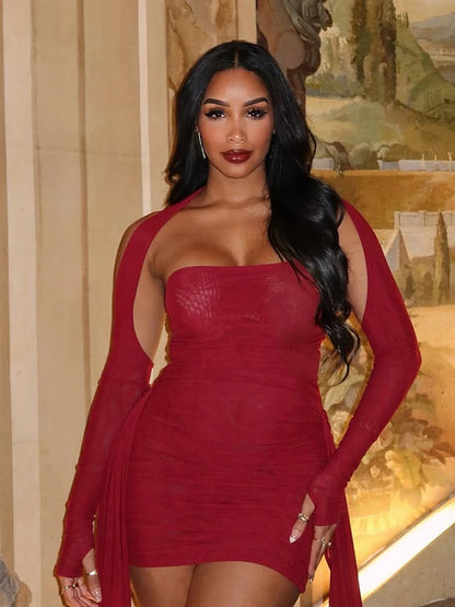 kliou Mesh Simple Women Mini Dress Fashion Solid Strapless Ribbons Tassel Body-shaping Vestidos+Seperately Full Sleeve Gloves