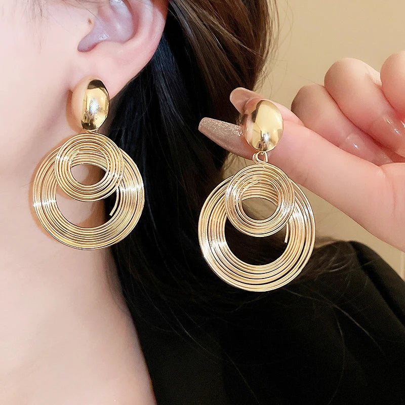 Two-layers Circles Women's Hanging Earrings Gold Color Silver Color Metal Spiral Pendants Dangle Earrings for Female European