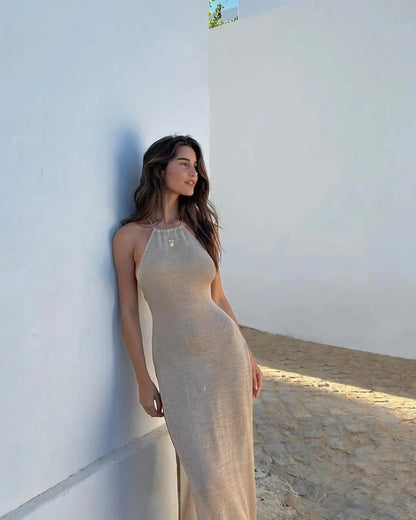 Para Praia Knitted Cover Up Beach Dress Sexy See Through Slit Bodycon Summer Dress Bikinis Cover-ups  Elegant Halter Beachdress