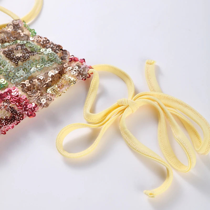 Sexy Sequin Bikini Skirt Sets Women Fashion Holiday Lace Up Top Ribbon Mini Skirts Female 2026 Summer Beach Lace Up Suits Lady