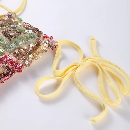 Sexy Sequin Bikini Skirt Sets Women Fashion Holiday Lace Up Top Ribbon Mini Skirts Female 2026 Summer Beach Lace Up Suits Lady