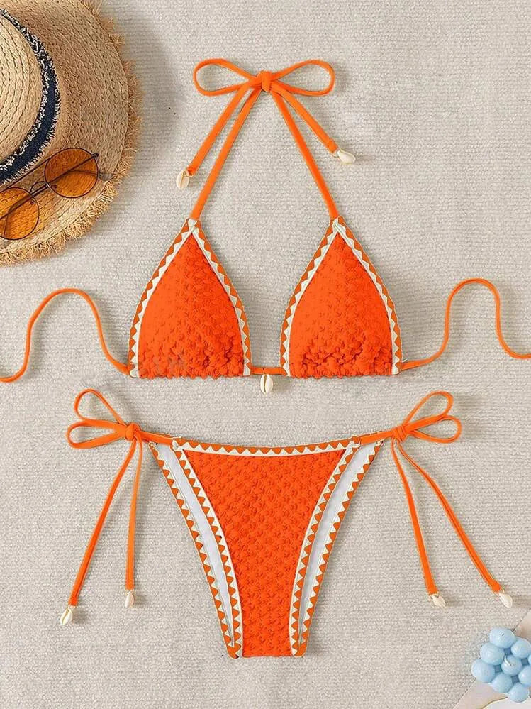 Sexy Halter Wrinkled Weave Bikini Set Shell Designer Swimsuit Women Push Up Micro Bikinis Summer Bathing Suit Swim Beach Wear