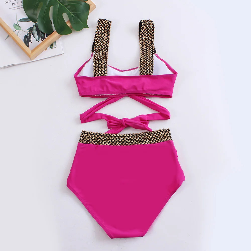Cross High Waist Bikinis 2025 Women Black Swimwear Solid Swimsuit Female Beachwear Summer Bathers Bathing Suit Swimming
