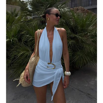 Two Pieces Micro Bikini 2025 Sexy Swimsuit Women Halter Swimwear Biquini Female Solid Bodysuit Bathing Suits Sarong Mini Skirt