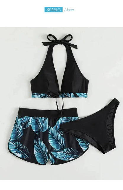 Women 2025 New Bikinis 6 Colors Sexy Halter Bikini 3 Piece Set Leafs Print High Waisted Swimsuit Beach Bathing Suit Size S-XXL