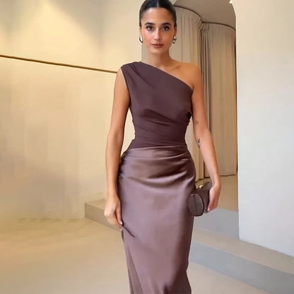 Satin Patchwork One-Shoulder Sexy Maxi Dress Women Sleeveless Ruched Bodycon Dress 2025 New Elegant Wedding Evening Party Robes