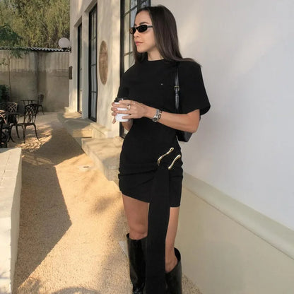 Women's new fashion temperament black metal buckle decoration round neck waist temperament commuter halfsleeved short drees