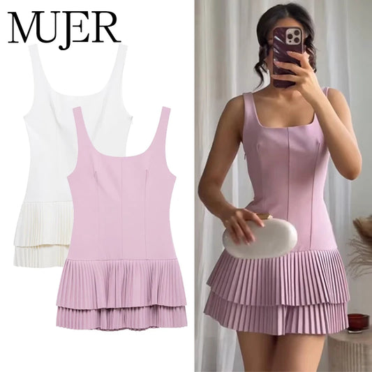 MUJER 2025 Pleated Mini Dress Women Jumpsuit Backless Short Dresses for Women Straps Playsuit Dress Woman Party Women's Dress