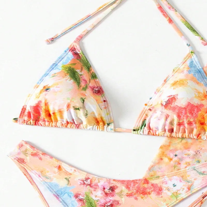 New Sexy Print Bikini Sets High Waist With Beach Skirt Long Sleeve Crop Top Swimwear Four Piece Bikini Set