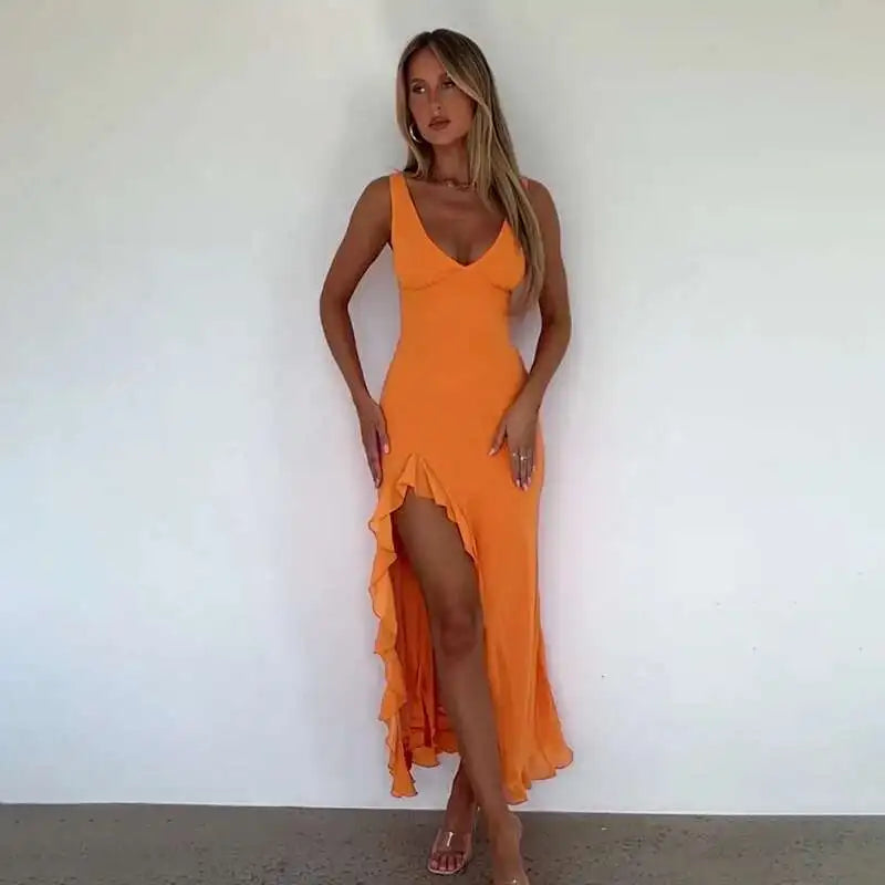 Avrilyaan Ruffle High Split Sexy Dress Women 2024 Robes Elegant Evening Summer Dress Backless Party Long Midi Dress Vestidos