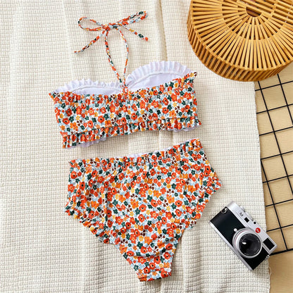 Flowers Printed Bandeau Female Swimsuit High Waist Bikini Women Swimwear Two-pieces Bikini set Bather Bathing Suit Swim V6613