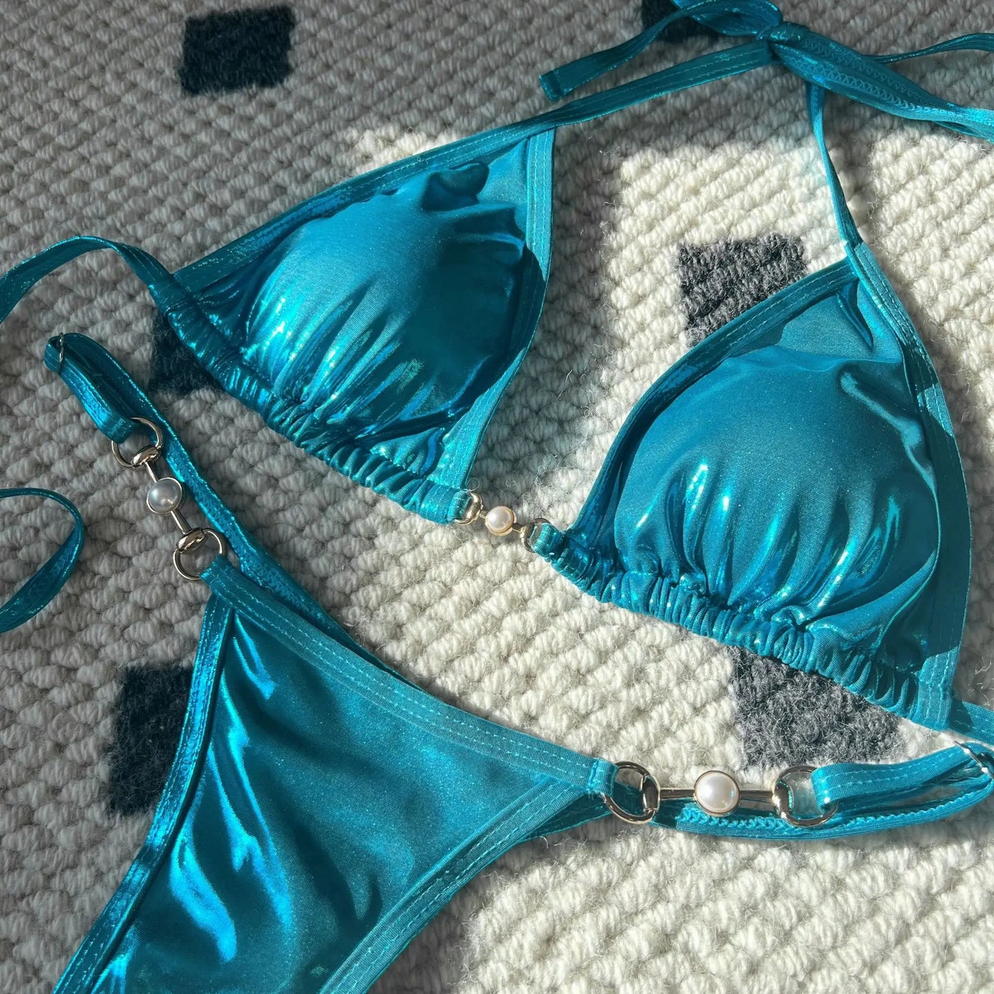 Shiny Pink Micro Bikini 2025 Mujer Women Sexy PU Pearls Push Up Thong Swimsuit Summer Bathing Suit Bandage Holiday Swimwear