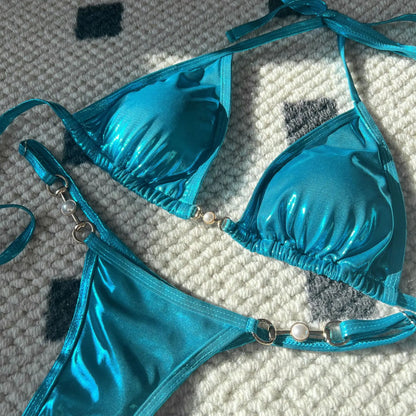 Shiny Pink Micro Bikini 2025 Mujer Women Sexy PU Pearls Push Up Thong Swimsuit Summer Bathing Suit Bandage Holiday Swimwear