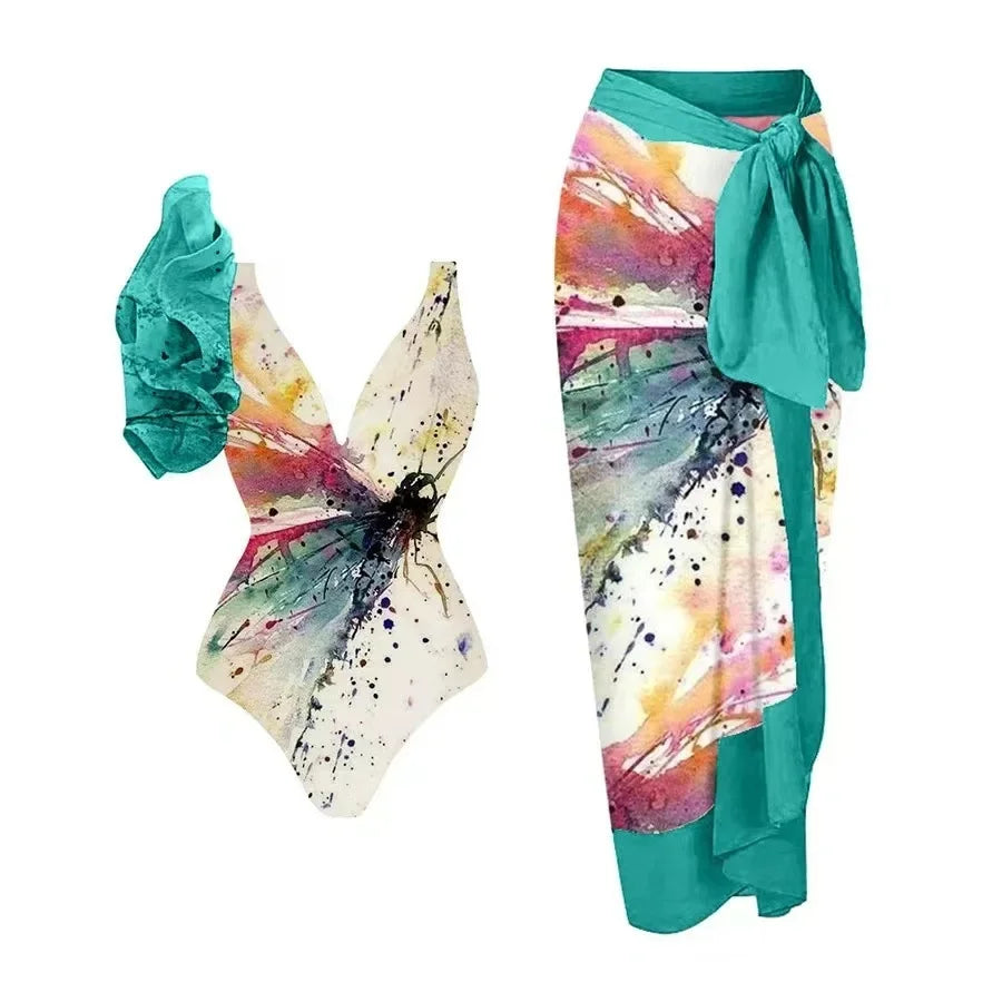 Conservative Bikini One-Piece Swimsuit with Beach Skirt Shantung Wrap for Hot Springs Women's Fashion Swimming Costume