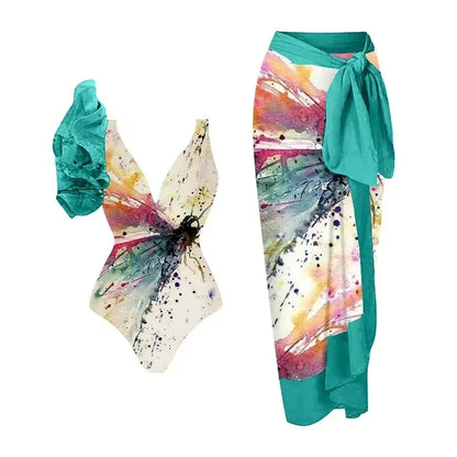 Conservative Bikini One-Piece Swimsuit with Beach Skirt Shantung Wrap for Hot Springs Women's Fashion Swimming Costume