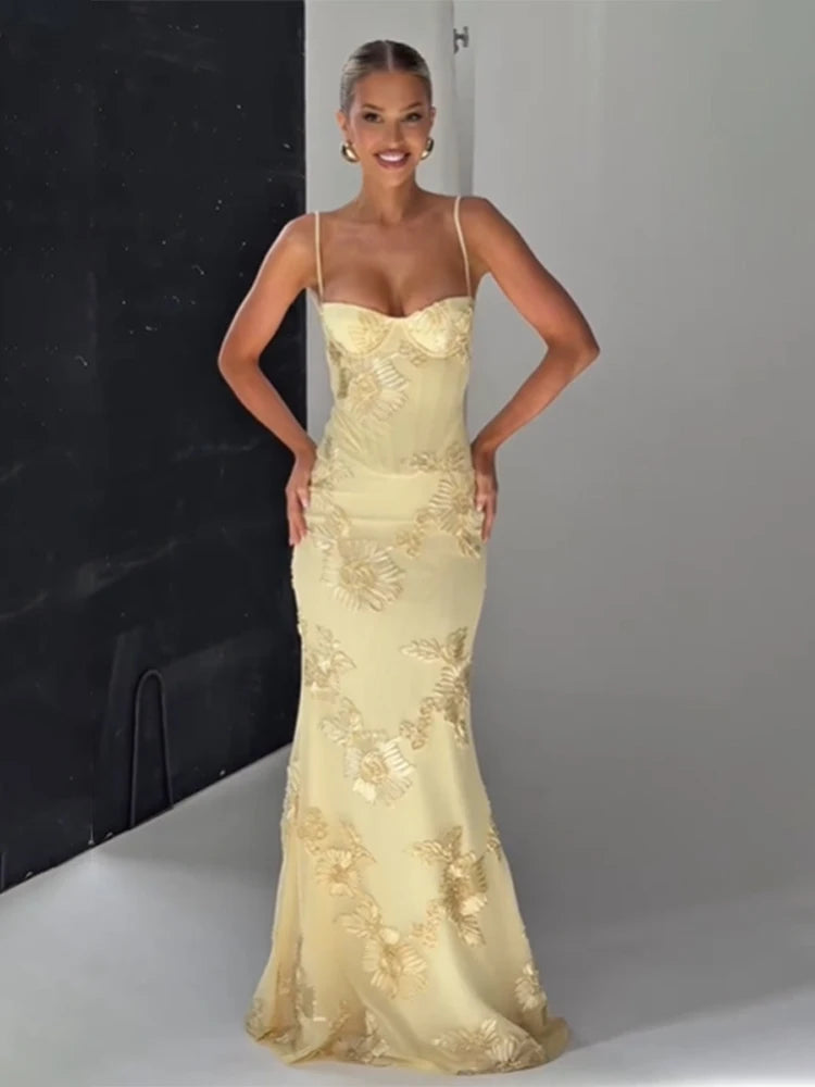 Women Elegant Printed Long Dress Chic Back Lace Up Slim Fish Tail Pendulum Sling Robes 2025 New Lady Party Club Evening Gowms