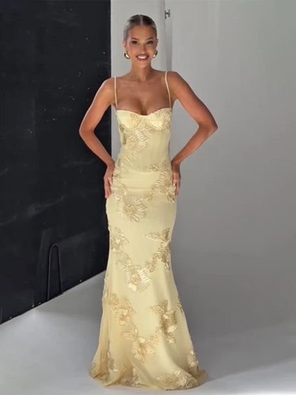 Women Elegant Printed Long Dress Chic Back Lace Up Slim Fish Tail Pendulum Sling Robes 2025 New Lady Party Club Evening Gowms