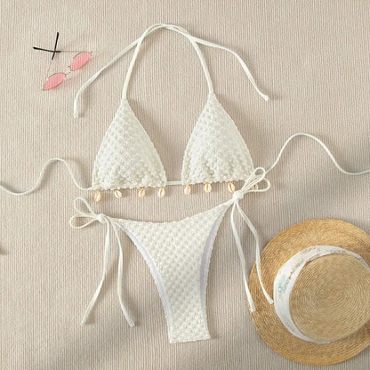 Sexy Bikini Set Shell Designer Swimsuit 2025 White Black Push Up Micro Bikinis Summer Bathing Suit Tie Side Triangle Swimwear